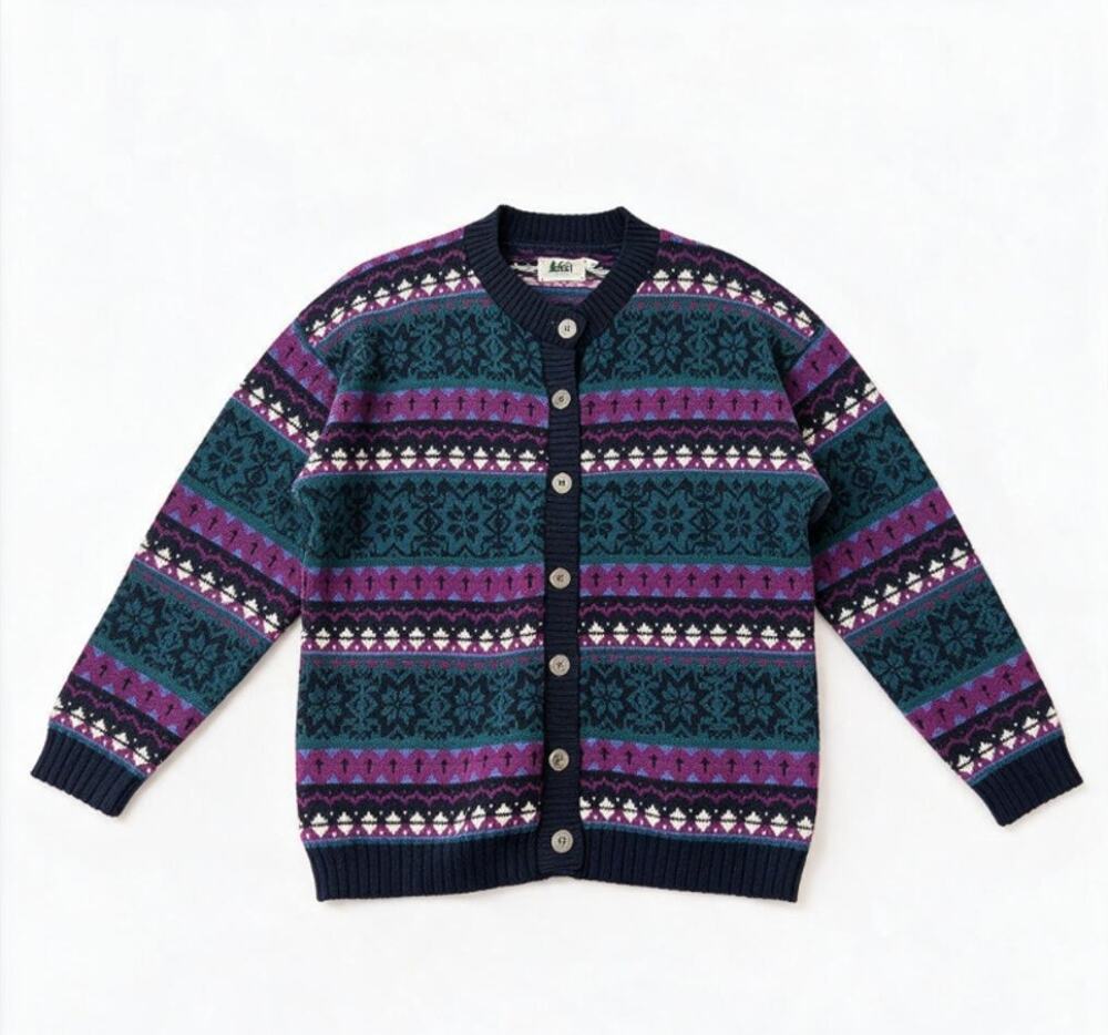 Vintage 90s REI XL Wool Fair Isle Cardigan Sweater Gorpcore Ski Casual Purple